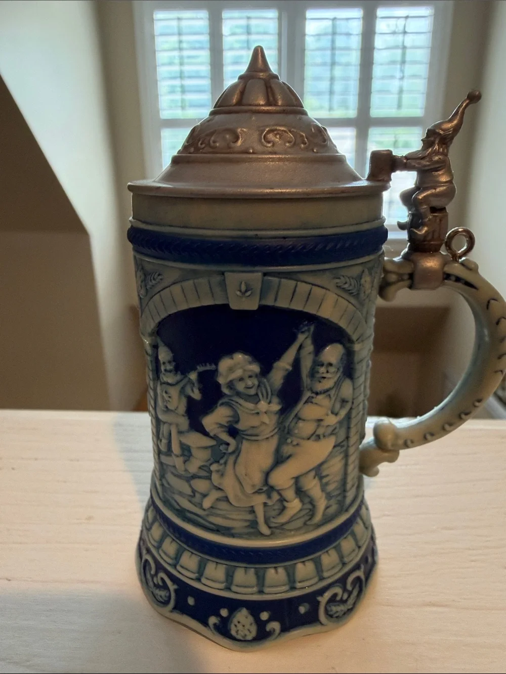 Hallmark Blue and White Ceramic-Style Beer Stein Ornament with Pewter-Tone Lid